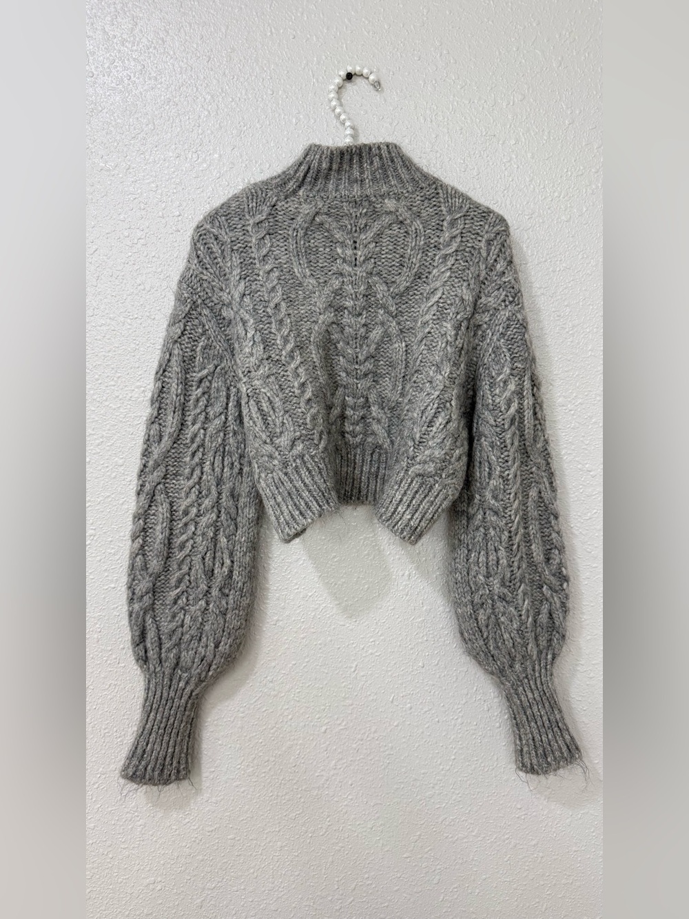 Zara Gray Chunky Cable Knit Cropped Sweater М Balloon Sleeve Wool Blend - Picture 6 of 9